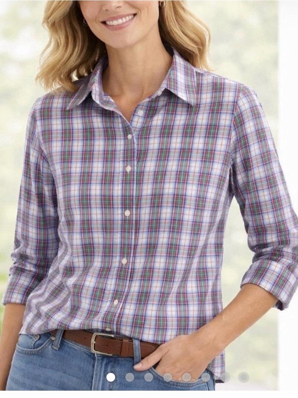 L.L. Bean Women's XL 100% Cotton Red Green Blue & White Plaid Button-Down Shirt